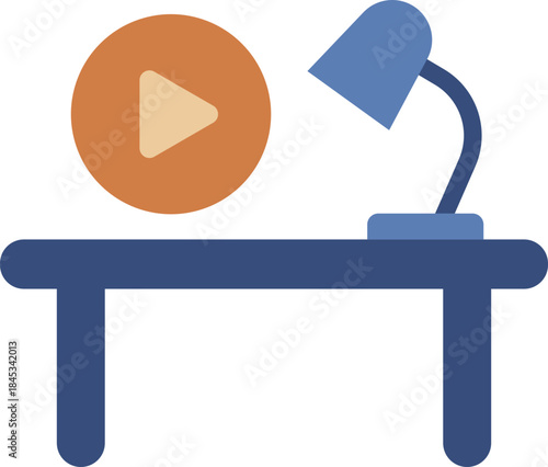 Desk with Lamp and Play Button Icon Representing Online Learning and Digital Content Creation