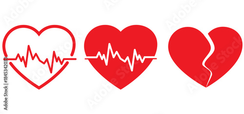 set of red heart icons in various styles plan, heartbeat monitor and broken heart designs. Perfect for valentine day, love themes, health, medical and relationship. Heart icon vector.
