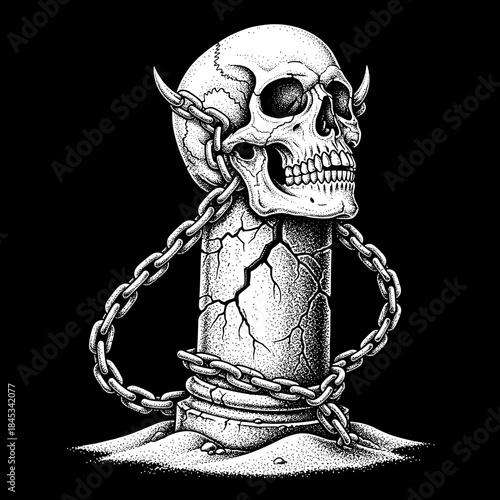 Gothic Skull Chained to Ancient Pillar in Dark Art Style.