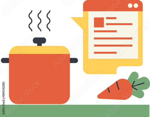 Cooking pot with steam and recipe information next to a carrot