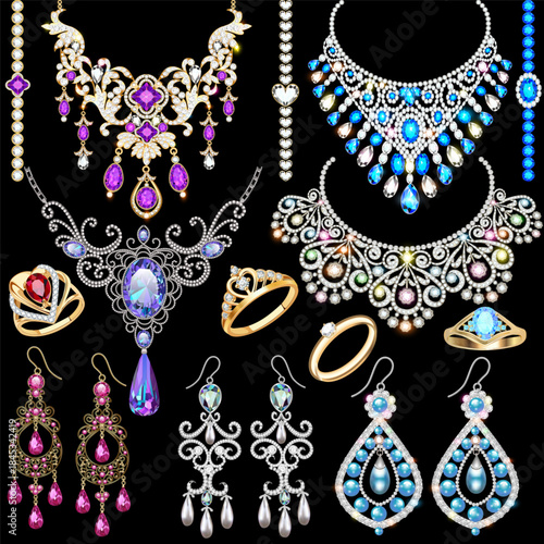 Illustration set of gold jewelry necklace, earrings, rings, bracelets with precious stones