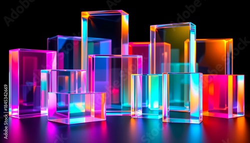 Abstract colorful glass cubes displayed artfully, showcasing the beauty of light refraction and geometric shapes. A stunning display of artistry and color