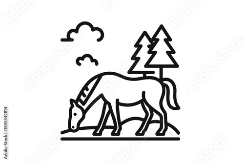 Outline drawing of a horse grazing in a pasture with pine trees and clouds