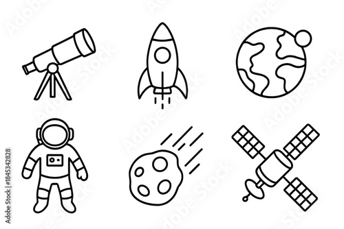 Outline symbols of space exploration including rocket ship, Earth, and astronaut