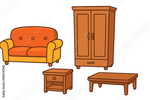 Colorful cartoon furniture set including sofa, closet, nightstand, and coffee table