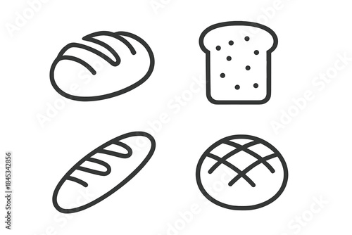 Outline symbols featuring fresh bread, baguette, loaf, and toast for bakery and food applications