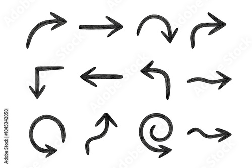 Set of textured charcoal arrows indicating direction, movement, and navigation