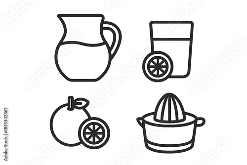 Outline symbols for fresh orange juice, pitcher, glass, citrus fruit, and manual juicer