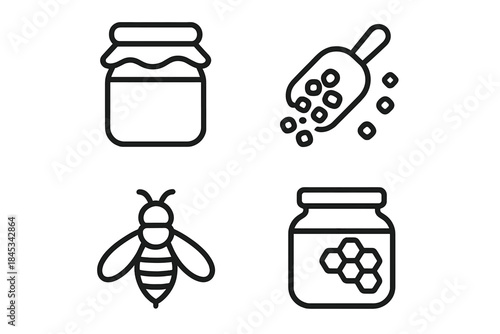 Collection of natural honey production elements including jars, pollen, honeycomb, and a honeybee