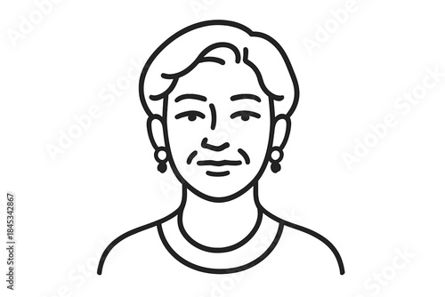 Simple line drawing portrait of a smiling senior woman wearing earrings for an avatar icon