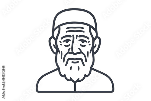 Minimalist line art avatar of a senior man with a traditional beard and head covering