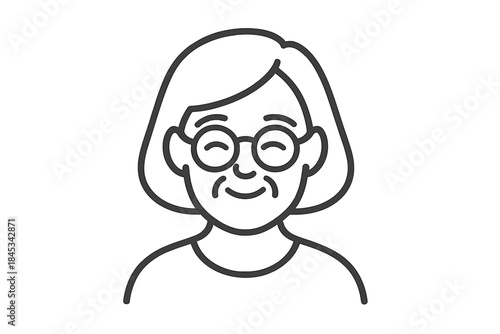 Minimalist black and white portrait of a smiling senior woman wearing round spectacles