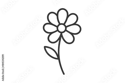 Simple outline drawing of a blooming flower with petals stem and single leaf icon