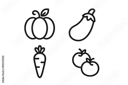 Black and white outline symbols of fresh garden vegetables: pumpkin, eggplant, carrot, tomatoes