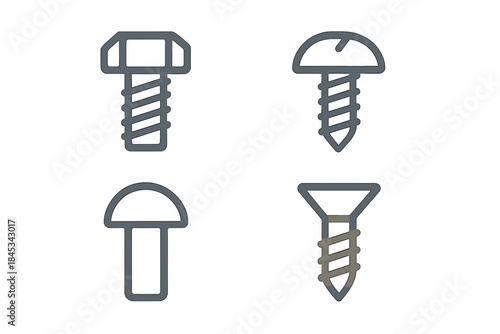 Set of construction fasteners including hex bolt, wood screw, carriage bolt, and countersunk screw