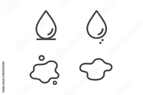 Minimalist outline symbols for liquid drops, water spills, and wet spots