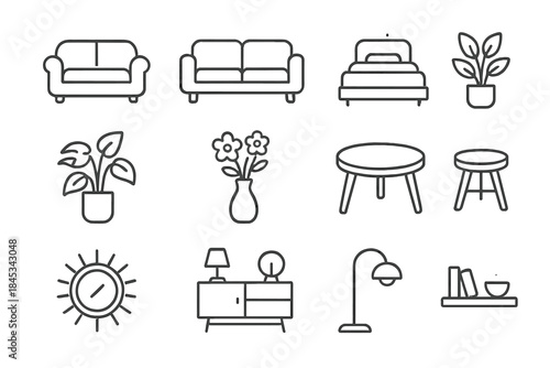 Modern home furniture and interior decor elements in outline style including sofas, beds, tables, and lamps