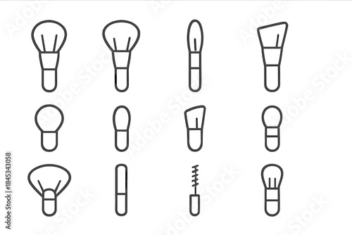 Collection of twelve outline icons showing cosmetic makeup brushes and beauty tools