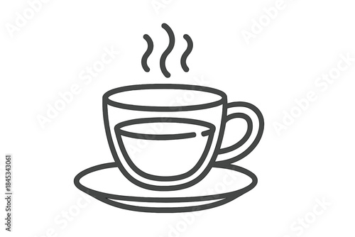 Minimalist outline drawing of a steaming hot beverage cup resting on a small saucer