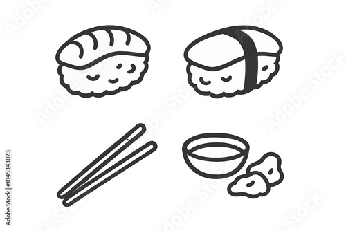 Japanese food icons featuring sushi, nigiri, chopsticks, and dipping sauce