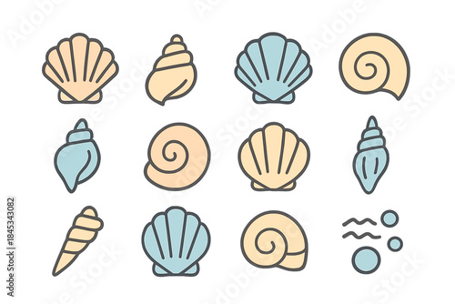 Minimalist collection of twelve sea shells and ocean elements in pastel colors