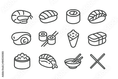 Japanese cuisine sushi and seafood outline symbols featuring nigiri, maki, and chopsticks