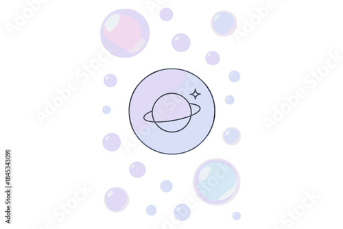Minimalist outline icon of a ringed planet with iridescent spheres and sparkle on light background