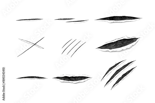 Realistic animal claw marks, monster scratches, and ripped paper effects