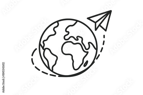 Hand drawn globe and paper airplane flying around world