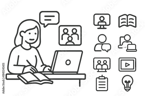 Woman studying remotely with laptop surrounded by educational icons for online learning and virtual communication