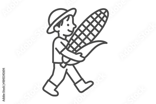Smiling agricultural worker carrying a large freshly harvested ear of corn or maize crop