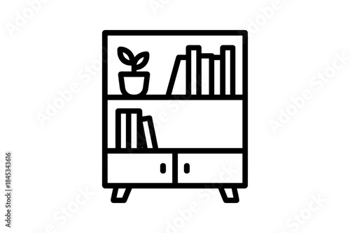 Minimalist small bookcase filled with books and a decorative potted houseplant