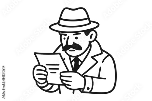 Man in trench coat and fedora reading a secret document or confidential information