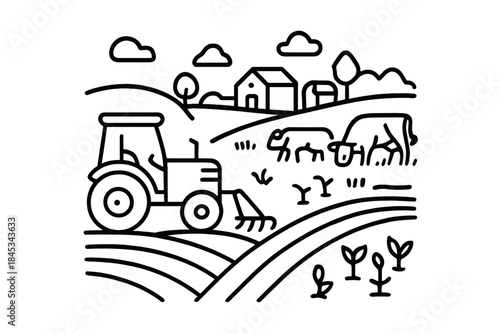 Agricultural landscape with tractor plowing fields, grazing cows, and farm buildings on rolling hills
