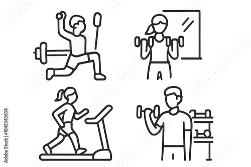 Set of fitness activity icons showing people exercising with gym equipment