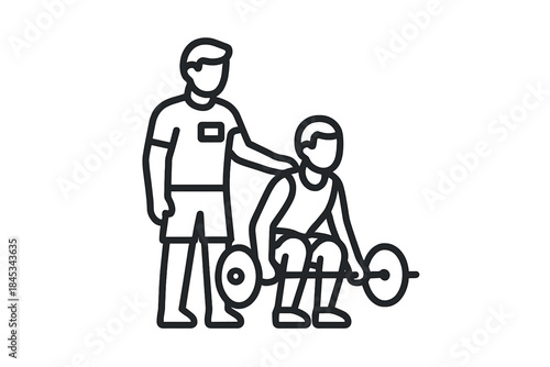 Fitness instructor supervising athlete during heavy barbell weightlifting exercise