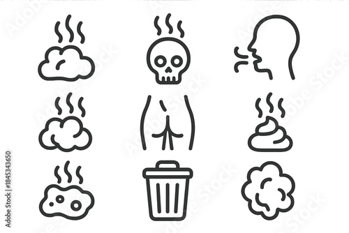 Line icons for bad smell, odor, and waste disposal concepts