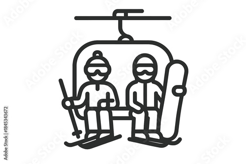 Two people riding a ski lift chairlift for winter sports and mountain resort travel
