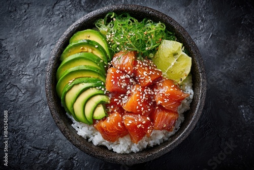 Fresh Salmon Poke Bowl with Avocado Toppings