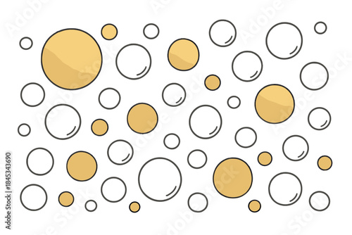 Seamless pattern of scattered golden and outlined geometric circles on a white background