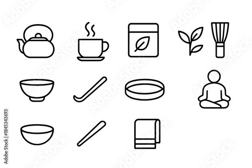 Matcha tea ceremony preparation and meditation line icons set