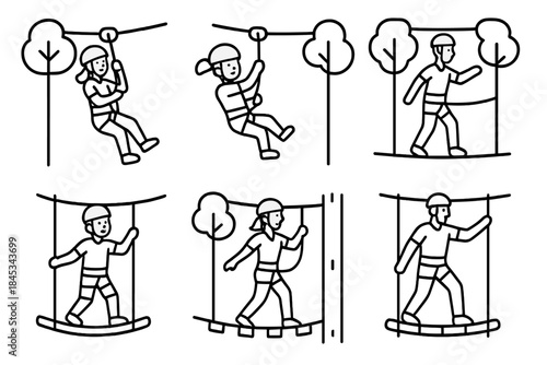 Outline icons set for high ropes course and zip line adventure activities