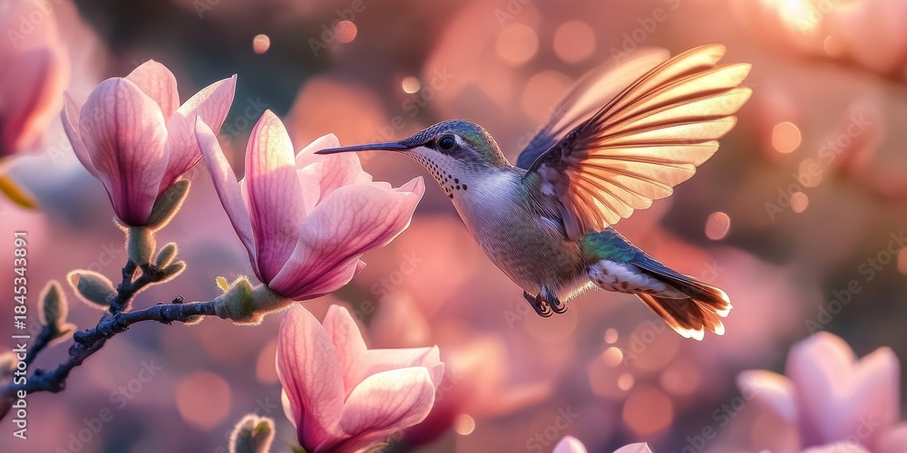 Obraz premium Hummingbird flying and drinking nectar from pink magnolia flower at sunset