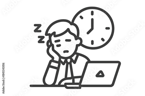 Exhausted worker falling asleep at desk with laptop and clock