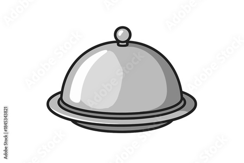 Shiny silver food serving cloche with handle on a plain white background
