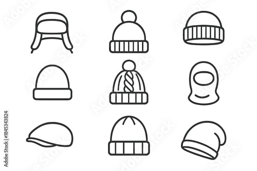 Set of winter and cold weather headwear line icons for apparel concepts