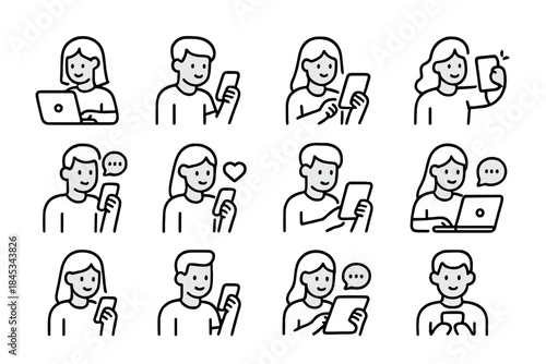 Diverse people icons interacting with mobile devices and modern computers