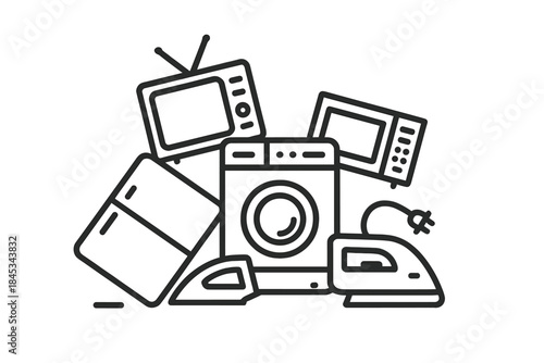 Stack of old household appliances and consumer electronics for disposal or recycling
