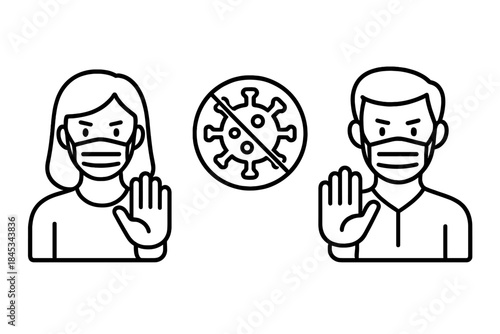 People with face masks signal stop gesture against virus symbol