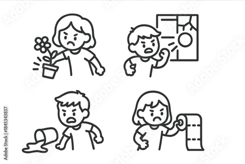 Set of angry children icons showing household mischief and bad behavior